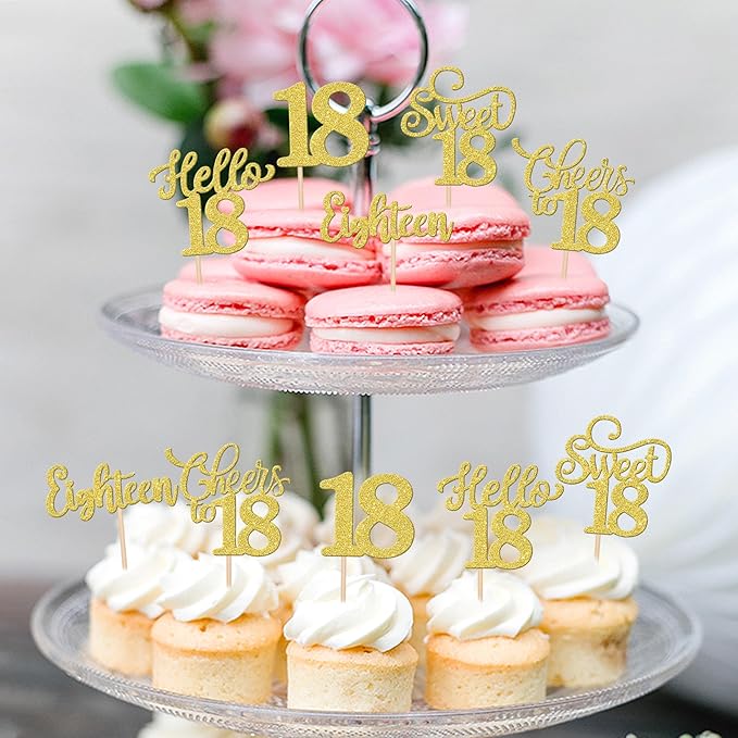 30PCS Happy 18th Birthday Cupcake Toppers Glitter Eighten Sweet 18 Hello 18 Cupcake Picks Cheers to 18 Birthday Decorations for 18th Birthday Anniversary Party Cake Decoration Supplies Gold