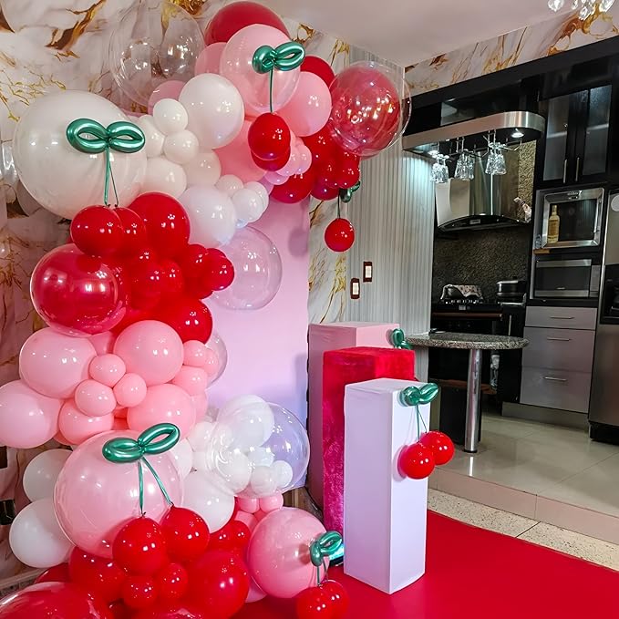 Cherry Balloons Arch Red and Pink Balloons Garland for Girls Birthday Berry Sweet Decorations Summer Fruit Party Coquette Bow Light Pink Red White Clear Latex Balloon Bachelorette Baby Bridal Shower