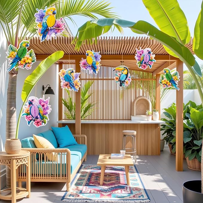 Tropical Birds Honeycomb Decorations, Parrot Honeycomb, Birds Hanging Decorations for Jungle Hawaiian Summer Beach Luau Party
