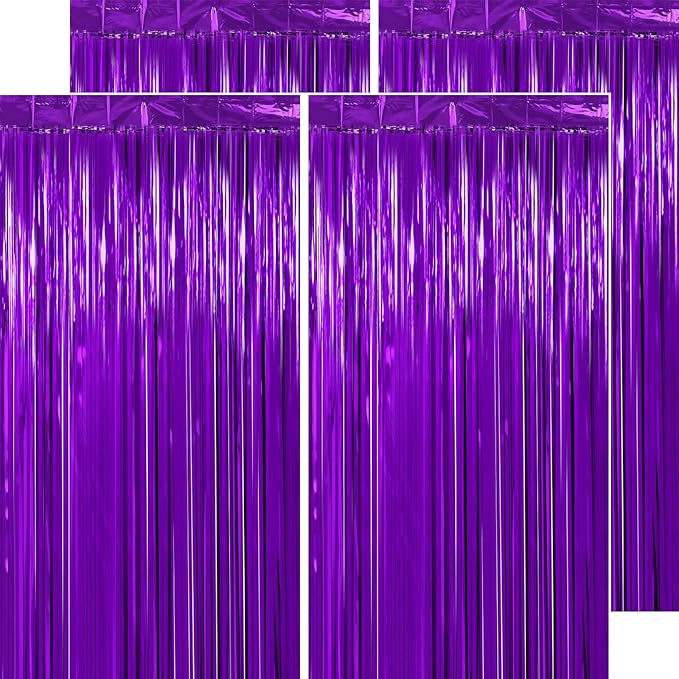 Halloween Decorations Purple Streamers - Thicken 4 Pack 3.2 x 8.2 FT - Purple Tinsel Foil Fringe Curtains, Photo Booth Props Backdrops for Birthday, Halloween, Graduation Party Decorations