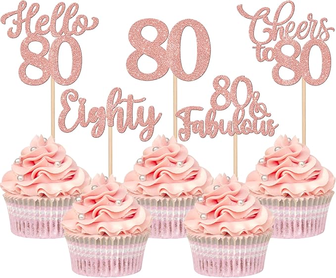 30PCS Happy 80th Birthday Cupcake Toppers Glitter Eighty Cheers to 80 Years Old Birthday Cupcake Picks Hello 80 Fabulous Cake Decorations for Happy 80th Birthday Anniversary Party Supplies Rose Gold