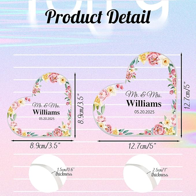 Custom Wedding Heart Acrylic Plaque,Mr & Mrs Cake Topper,Personalized Wedding Keepsake/Gift/Sign (Style 19)