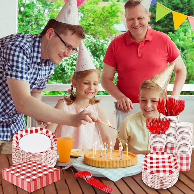 Red Gingham Plates and Napkins Party Supplies, Red and White Disposable Tableware Set, Checkered Plaid Paper Plates for Birthday Family Dinner Picnic Christmas Party Baby Shower Decor Serves 25