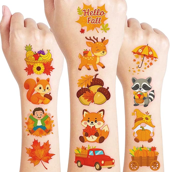 96 PCS Hello Fall Autumn Leaves Animal Pumpkin Pre-Cut Temporary Tattoos for Kids | Cute Themed Birthday Party Favors, Supplies, Decorations, Fake Tattoo Stickers, School Rewards Gifts & Boys & Girls