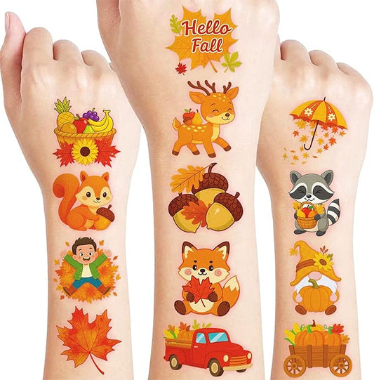 96 PCS Hello Fall Autumn Leaves Animal Pumpkin Pre-Cut Temporary Tattoos for Kids | Cute Themed Birthday Party Favors, Supplies, Decorations, Fake Tattoo Stickers, School Rewards Gifts & Boys & Girls