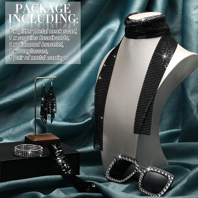 Sasylvia 5 Pcs 70s Disco Accessories Halloween Women Costume Jewelry Sequin Scarf Earrings Sunglasses Bracelet Headband