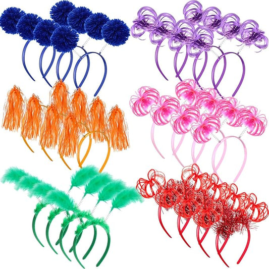 Censen 24 Pcs Pom Pom Headband Tinsel Wrapped Ponytail Head Bopper Costume Headwear Halloween Party Accessory