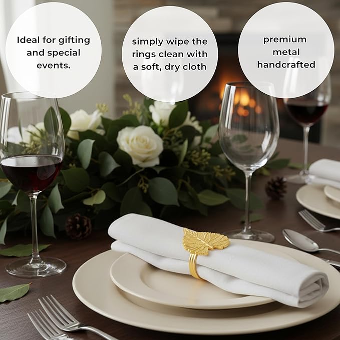 Elegant Handcrafted Leaf Napkin Rings - Set of 12 Premium Aluminum Holders for Dinner Parties, Weddings, Special Occasions & Everyday Dining (Gold) - CLEENTABLE