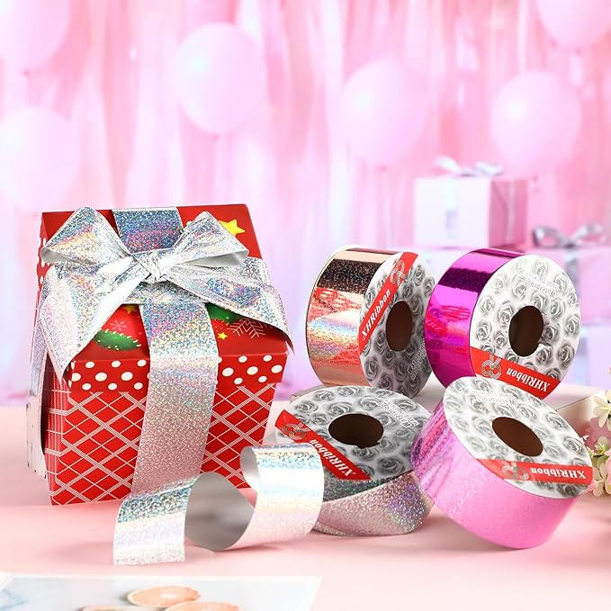 4 Rolls Wrapping Shiny Waterproof Ribbon for Christmas, 50 Yards Curling Plastic Ribbon for Gifts Package Wrapping, Bows, Festival Craft Party Decor(Purple, Pink, Rose Gold, Silver,2 Inch)