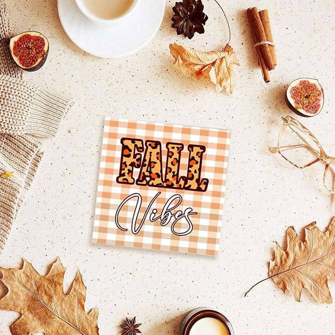 Funny Autumn Pumpkin Wood Box Sign Fall Vibes Wooden Block Desk Decor for Home Office Kitchen Cubicle Table Shelf Tabletop,Farmhouse Fall Sign Decor