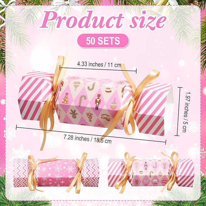 Xinnun 50 Packs Christmas Cracker Kit No Snap Xmas Party Table Favors Snowflake Reindeer DIY Christmas Party Cracker Candy Boxes for Holiday Dinner Decoration Gift(Pink Style)