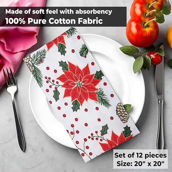 Urban Villa Christmas Dinner Napkins Set of 12 Pine Cone Print Cloth Napkins 100% Cotton Premium Quality 20x20 Inches Over Sized Cloth Napkins with Mitered Corners Durable Hotel Quality