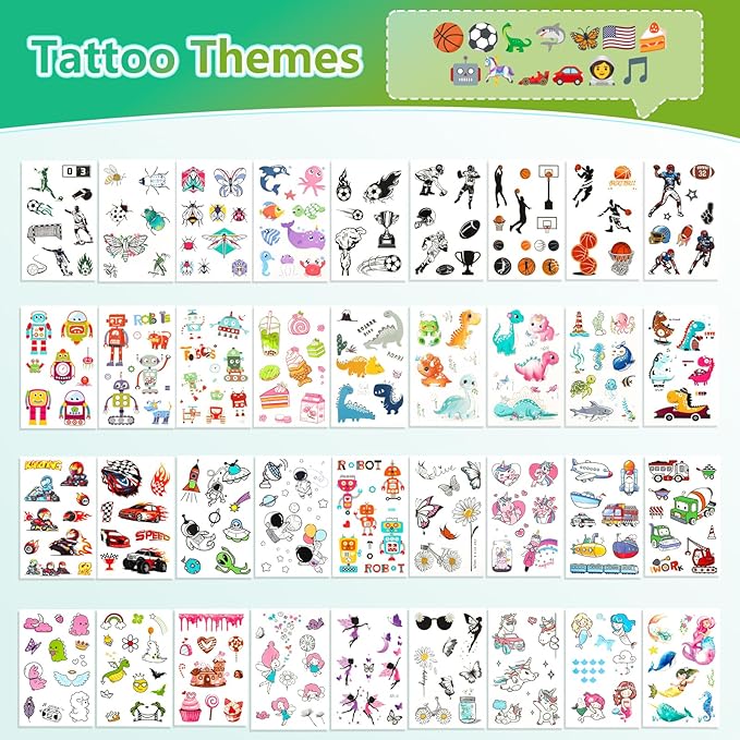 350+ Themed Designs Temporary Tattoos for Kids - Individually Wrapped, Glow in the Dark, Waterproof Fake Tattoos - Multiple Themes: Mermaid, Dinosaur, Unicorn, Baseball, Princess, Soccer, Ocean, Fairy