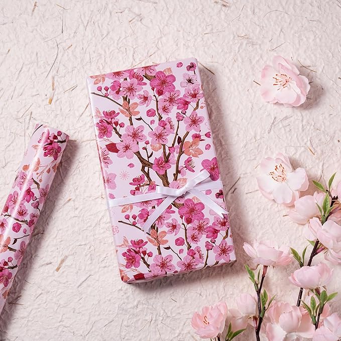 WRAPAHOLIC Floral Wrapping Paper Roll - Mini Roll - 17 Inch x 33 Feet - Sakura Blossom Wrapping Paper for Birthday, Wedding, Bridal Shower, Mother's Day, Valentine's Day