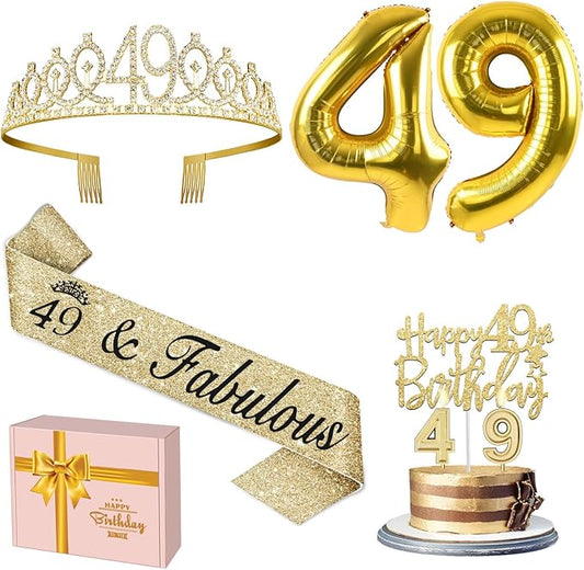 49th Birthday Decorations for Women Gold with 49th Birthday Sash and Tiara, Cake Topper and Candles,Number Balloons, 49 Year Old Gifts for Women