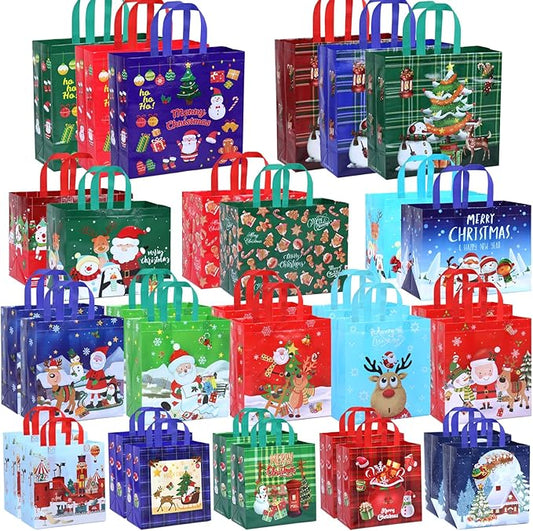 NESCCI 32 Pack Christmas Gift Bags,4 Different Sizes Of Gift Bags,Christma Tote Bags with Handles,Reusable Non-Woven Christmas Bags,Used for Xmas Gifts Packaging, Shopping,Party