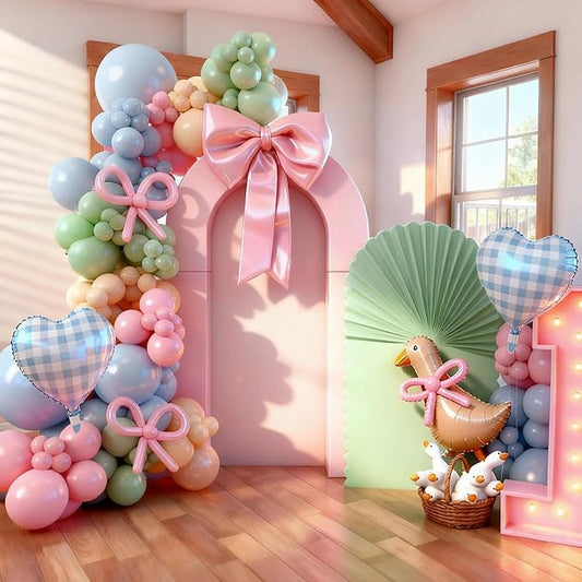 Silly Goose Balloon Arch Kit, Pink Blue Green Latex Balloon Garland Kit Gingham Heart Foil Balloons for Boys Girls Goose Birthday Baby in Bloom Baby Shower Floral Fairy Wildflower Party Decorations