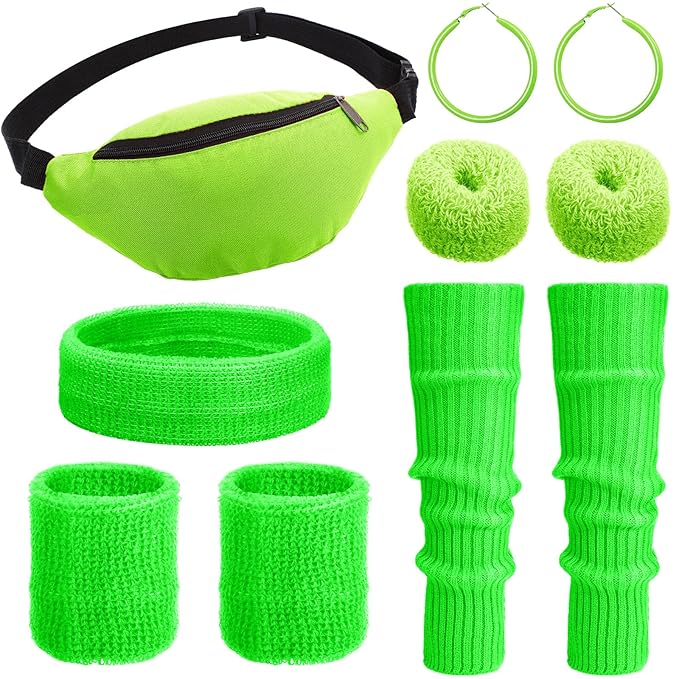 80s Women Neon Leg Warmers Headband Wristbands Earrings Hair Rings Fanny Pack Set Knit 80s Women Neon Accessories (Green)