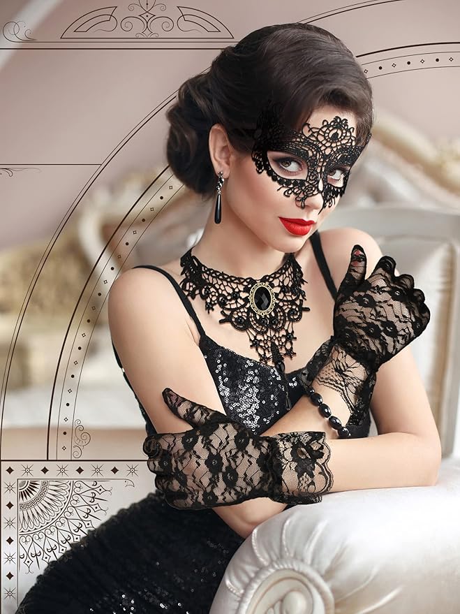 Newcotte 6 Pcs Masquerade Mask for Women Lace Mask Choker Necklace Glove for Christmas Halloween Venetian Party 80s 90s