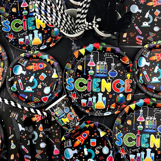 Science Party Supplies, Includes Happy Birthday Backdrop, Plates, Tablecloth, Cups, Balloon and Straws, for Boy Girl Scientist Lab Decoration Serves 20 Guests