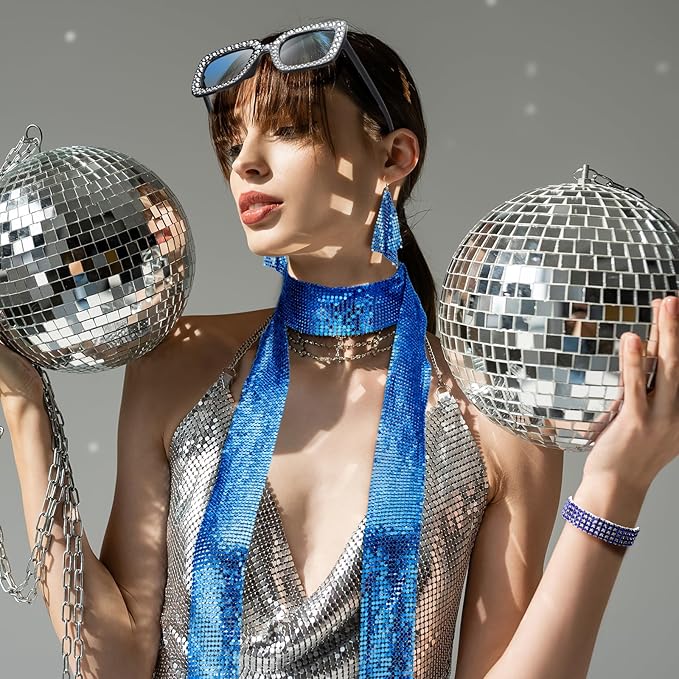 Sasylvia 5 Pcs 70s Disco Accessories Halloween Women Costume Jewelry Sequin Scarf Earrings Sunglasses Bracelet Headband