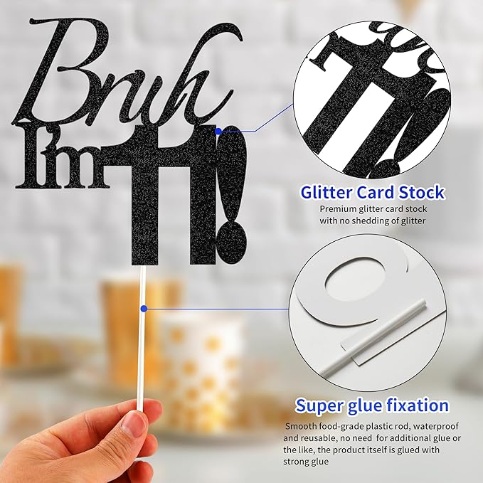 Bruh I'm 11 Cake Topper - Black Glitter Happy 11th Birthday Decorations for Boys Teens, Funny 11 Year Old Party Supplies, Bro I'm 11 Cake Decor (Bruh I'm 11！, 11th black)