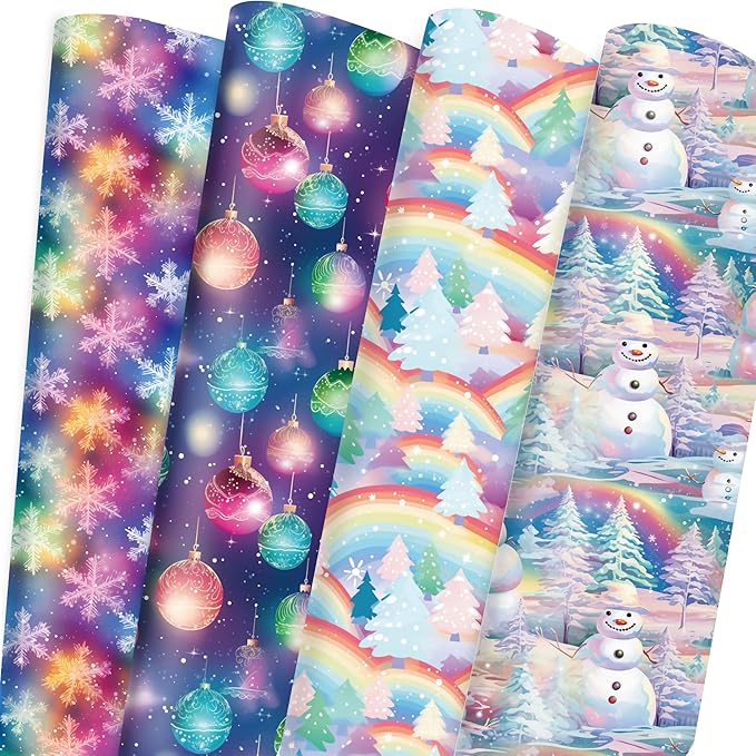 Vnaaem Christmas Wrapping Paper for Boys Girls Kids - Colorful Rainbow Xmas Gift Wrap with Snowman Tree Ball Snowflakes Design for Holiday Winter Paty - 20 x 28Inches Per Sheet(8 Pack)