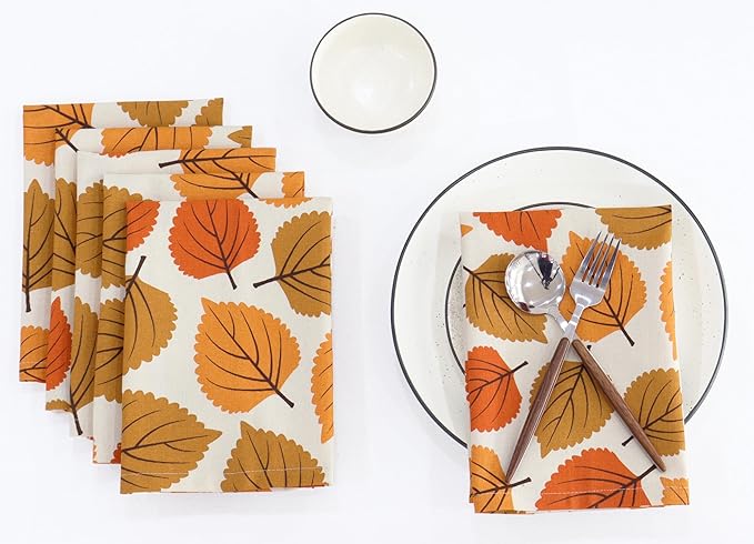 PurpleEssences Fall Harvest Decor Thanksgiving Napkins, 18x18 Cloth Napkins Set of 6, 100% Cotton Autumn Leaves Dinner Napkins for Farmhouse Kitchen, Amber