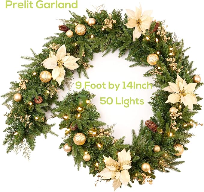 Pre-lit 9ft Christmas Garland with Gold Berries and Balls,Pine Cone,Golden Flower and 50 Battery Operated Soft White LED Lights with Timer,Artificial Holiday Decoration Door Outdoor