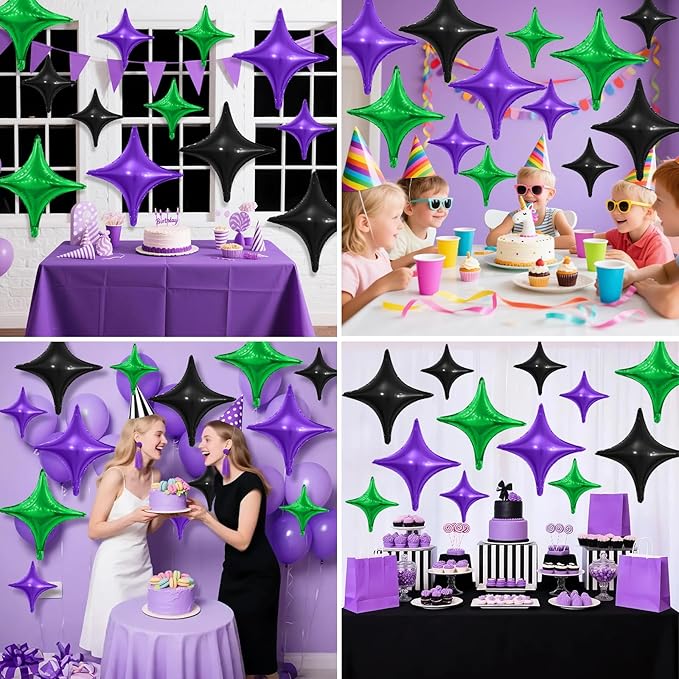 Black Green Purple Star Balloons,12Pcs Four Angle Star Foil Balloons,26Inch and 10Inch Black Green Quadrangle Helium Balloon for Halloween Birthday Baby Shower Anniversary Party Decorations