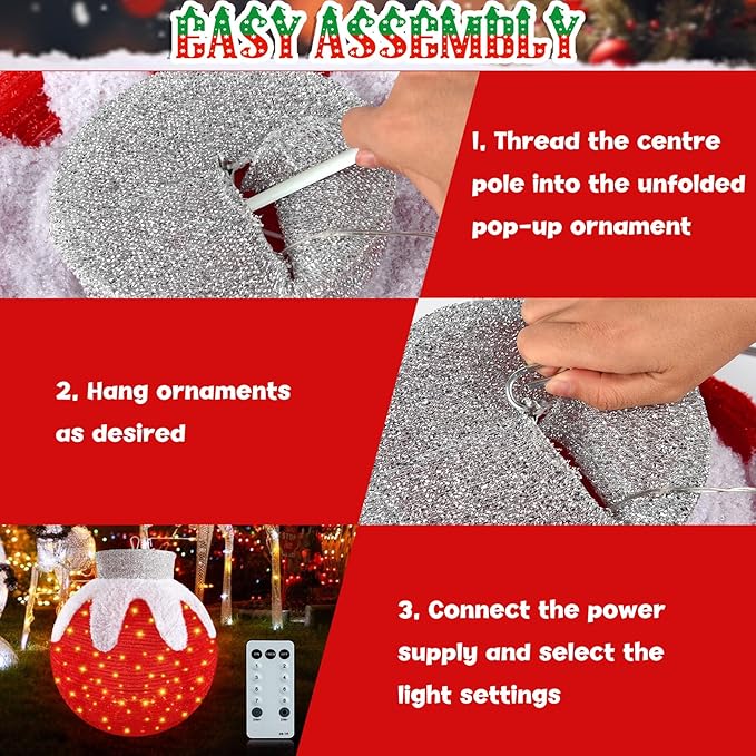 Outdoor Hanging Christmas Ornaments, Lighted Pop-Up Hanging Outdoor Holiday Ball Decoration, 8 Light Modes, Lighted Collapsible Holiday Decorations (Red)