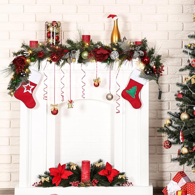 GarveeHome Prelit Christmas Garland for Mantle, 6 ft Battery Operated Xmas Garland with 20 LED Lights Timer Red Green Balls for Fireplace Stair Railing TV Stand Indoor Outdoor Holiday Decor