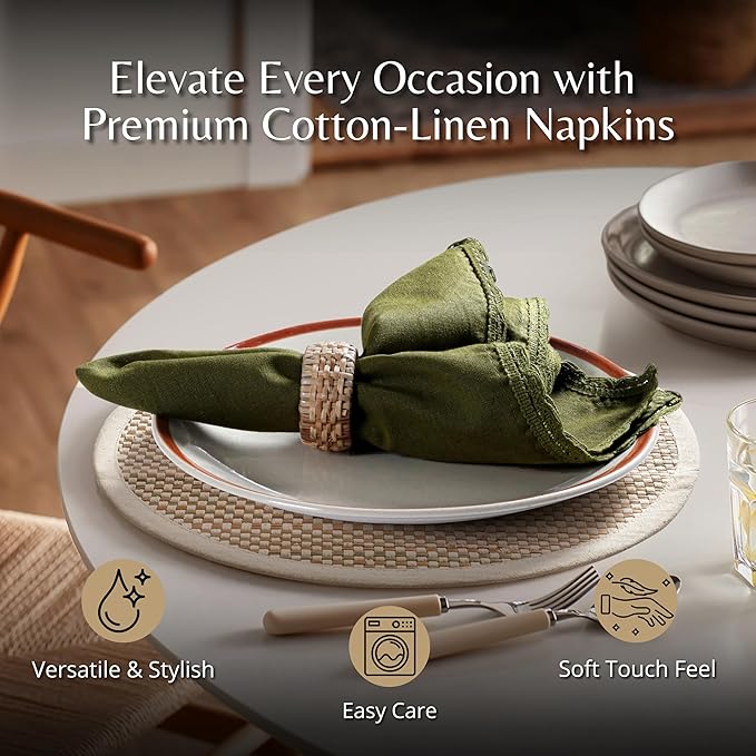 Ramanta Home Linen Flax Cloth Napkins Set of 24 | 18x18 Inch | Premium Cotton Linen Flax Lace Soft & Durable | Washable Ideal for Everyday Use Parties Thanksgiving Christmas Halloween Olive Green