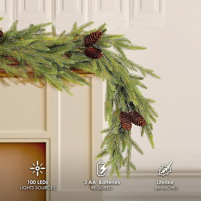 WBHome 6ft Pre-lit Norway Spruce Christmas Garland, Winter Greenery Garland for Christmas with 100 LED Lights, Holiday Seasonal Outdoor/Indoor Home Decor, 6FT Long