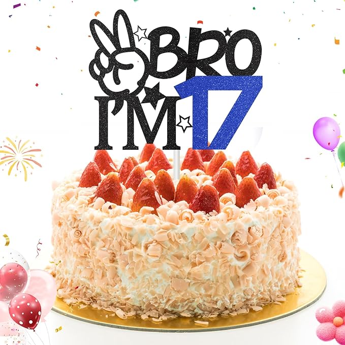 Bro I'm 17 Cake Topper, 17th Birthday Decorations for Boy, Glitter Funny 17th Birthday Cake Topper, Big Brother 17 Year Old Birthday Party Decoration Supplies