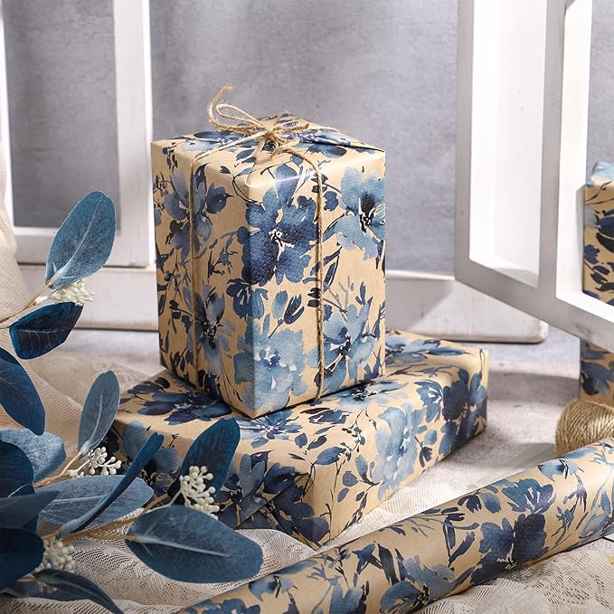 RUSPEPA Blue Floral Wrapping Paper Roll, 17 in x 16.4 ft, Mini Roll, Indigo Gift Wrap, Watercolor Flower Kraft Wrapping Paper Roll for Girls, Women, Spring, Wedding and Birthday