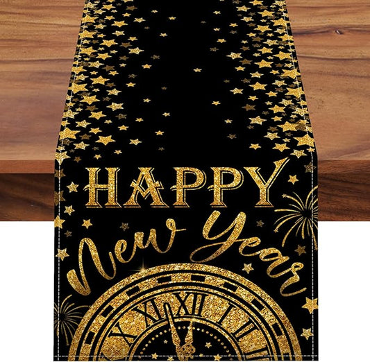 Seliem Happy New Year 2026 Table Runner, Black Gold Stars Clock Celebration Kitchen Dining Table Decor, Golden Fireworks Christmas Winter Home Decoration Indoor Outdoor Party Supply 13 x 36 Inches