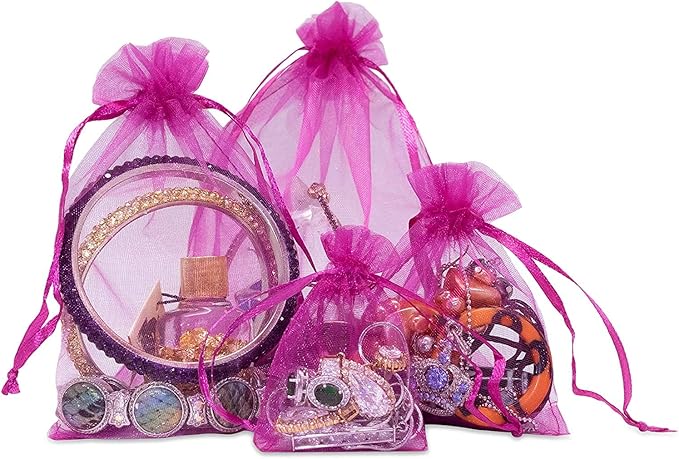 TheDisplayGuys 48-Pack 2" x 2-3/4" Hot Pink Sheer Organza Gift Bags with Drawstring, Jewelry Candy Treat Wedding Party Favors Mesh Pouch