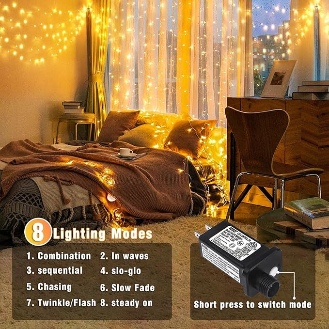 66FT 200 LED Christmas Lights Outdoor, Plug in Christmas String Lights Indoor, Waterproof & 8 Modes & Timer Function, Connectable Fairy Twinkle Light for Bedroom Wedding Garden Decor, Warm White