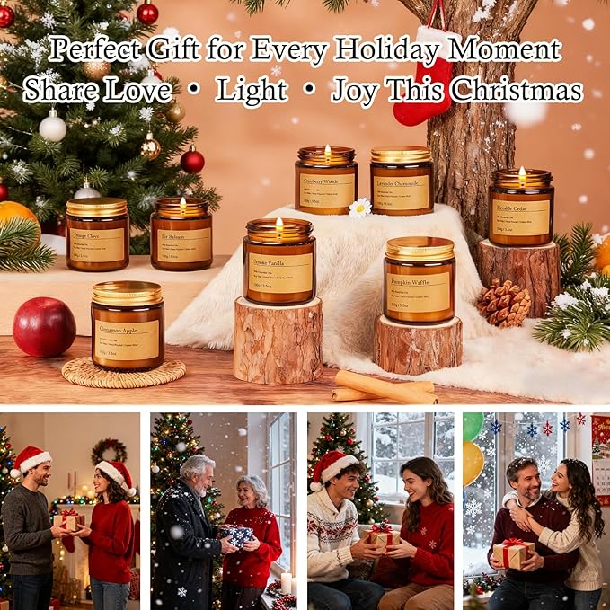 Holiday Candle Gift Set – 8 Pack Vintage Amber Glass Jar Candles,Winter Scents for Home,Christmas Gift for Women,Aromatherapy Soy Wax Candles,Cozy Home Décor,Premium Box