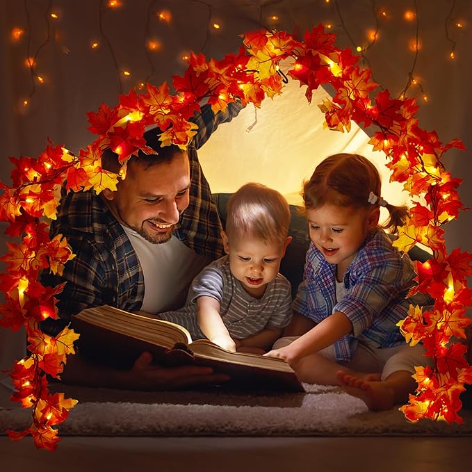 GAGALIFE Thanksgiving Decorations Fall Garland with Lights, 50 Warm Bulbs with Mini Pumpkins - 11FT Connectable Fall Lights Outdoor & Indoor, Realistic Maple Leaf String Lights for Fall Decor