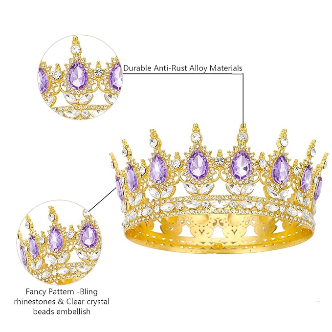 Queen Rhinestone Wedding Crown and Tiara for Women - Costume Party Hair Accessories, Princess Birthday Crystal Bridal Crown (Golden Purple)