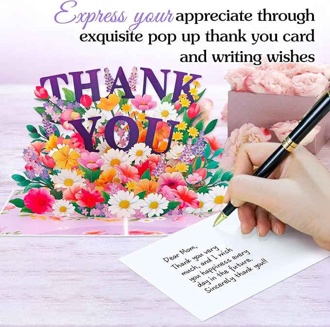 Pop Up Thank You Cards - 3D Paper Flowers Thank You Pop Up Cards with Envelope for Mom Dad Women Men Nurses Teachers Day Appreciation Gift
