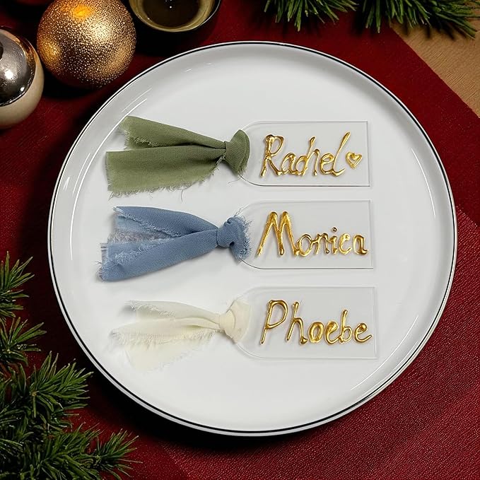 30Pcs Acrylic Place Card for Wedding Clear Transparent Acrylic DIY Table Seating Cards Wedding Supplies with Blue Ribbon