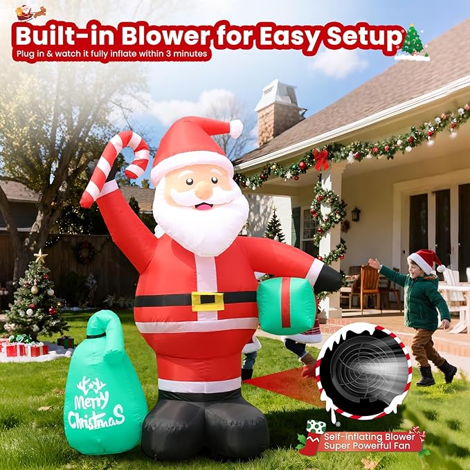 Christmas Decorations, 4.2FT Inflatable Santa Claus with Candy Cane and Gift Bag, Built-in LED Light and Blow Up Xmas Holiday Decor for Garden Lawn Yard Bistro Outdoor and Indoor