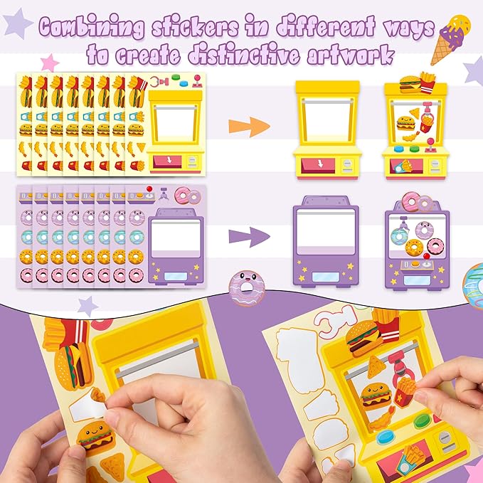 CY2SIDE 40Pcs Snack Vending Machine Face Sticker for Kids, Make A Snack Claw Machine DIY Sticker Sheets, Make Your Own Fast Food Decal Craft Games for School Reward, Food Shop Theme Craft Party Favor