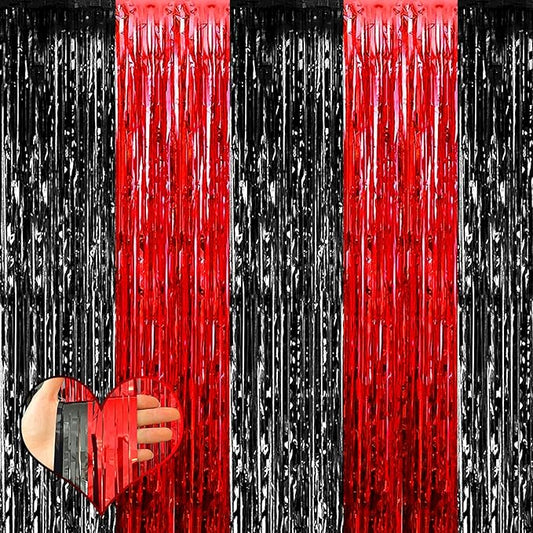 4 Pack 3.2Ft x 9.8Ft Black Red Fringe Curtain Backdrop, Metallic Tinsel Foil Fringe Streamers Curtains Background for Photo Booth Wedding Casino Viva Las Vegas Game Night Birthday Party Decorations