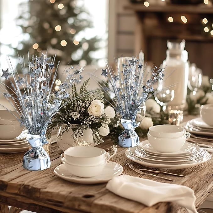 12 Pack Metallic Sliver Foil Spray Centerpieces Stars Brust Table Centerpieces for Wedding Birthday Anniversary Holiday Party Decor, Metallic Star Balloon Wights for Party, Decor for Party