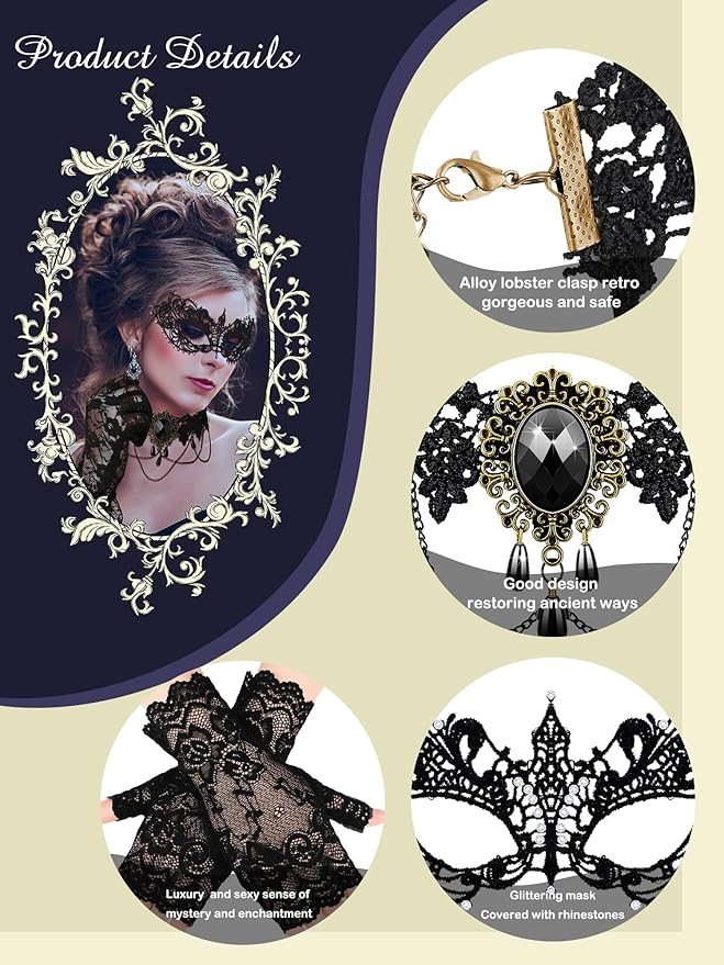 Newcotte 6 Pcs Masquerade Mask for Women Lace Mask Choker Necklace Glove for Christmas Halloween Venetian Party 80s 90s