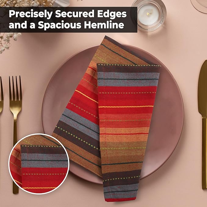 Urban Villa Cloth Napkins Cuisine Stripes 100% Cotton Absorbent Dinner Napkins Set of 12 20x20 Inches Red Multi Color Soft Durable Washable and Reusable Ideal for Everyday Use Wedding Parties Napkins